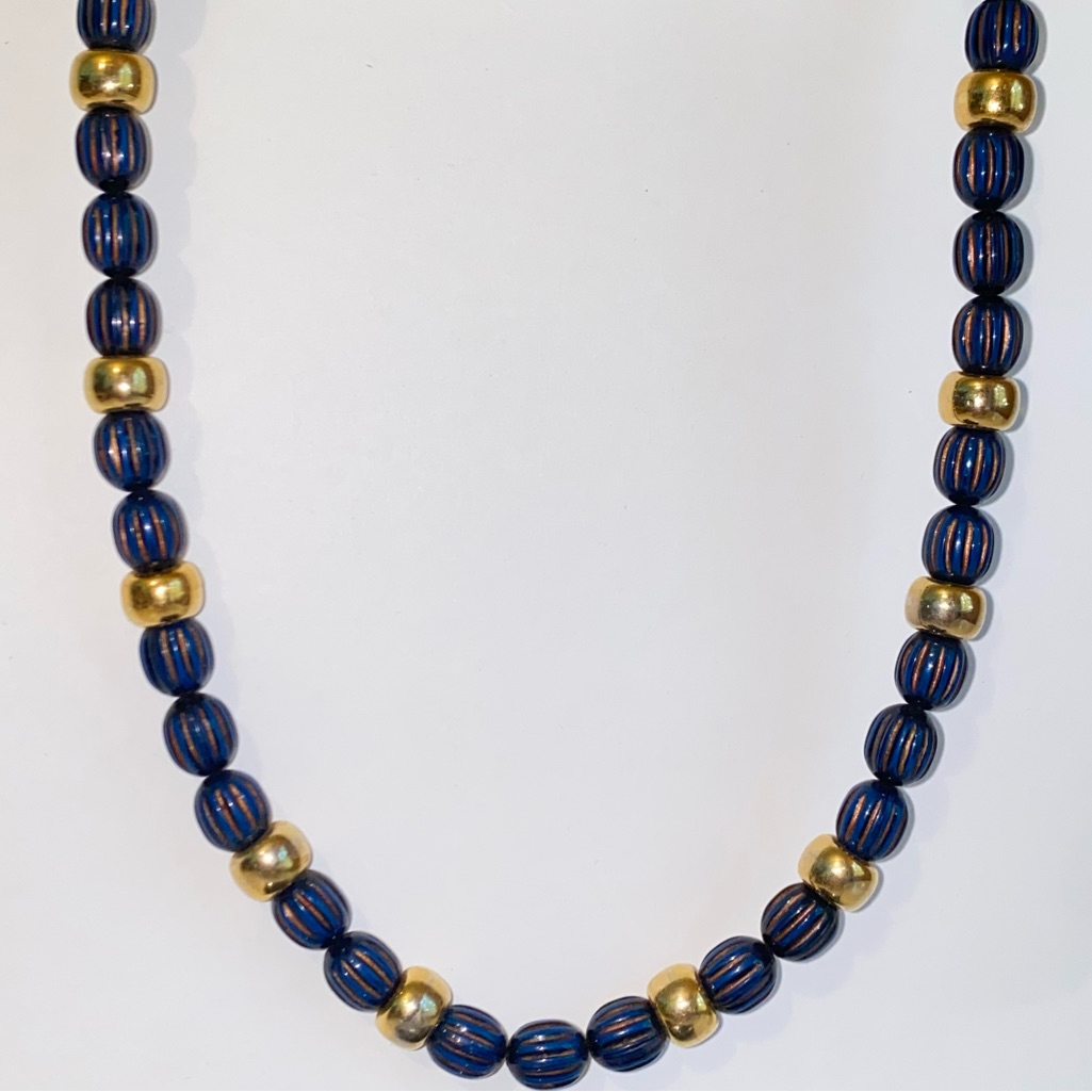 Vintage Jones New York Striated Black Gold Blue Beads Gold Beaded Necklace 38$